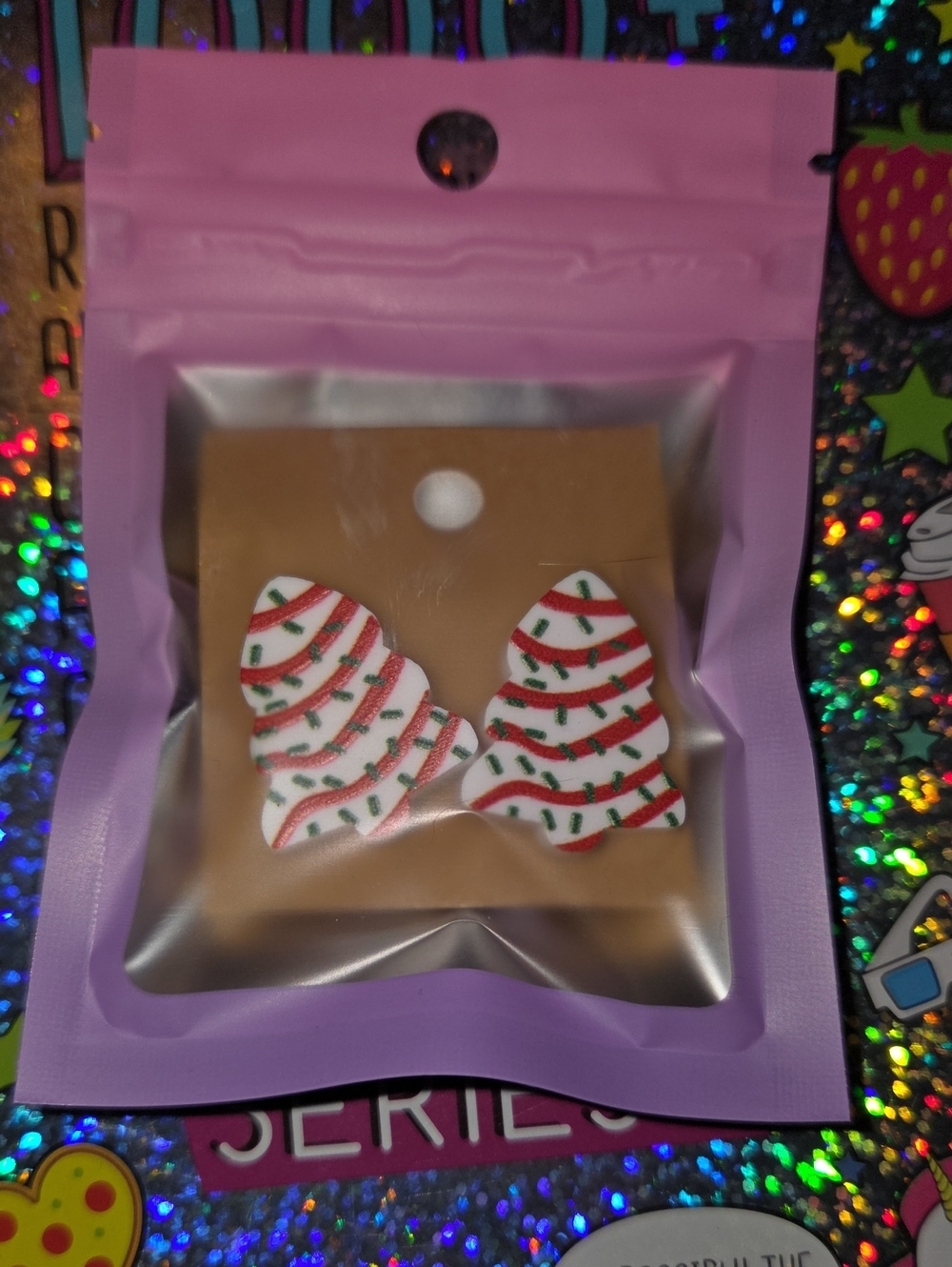 Festive Candy Stripe Tree Earrings - White, Red, Green